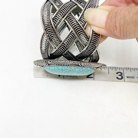Silver Tone Faux Turquoise Chunky Open Cuff Statement Bracelet Boho Western - Picture 6 of 8